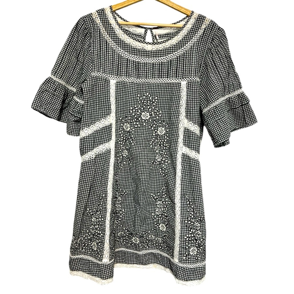 Free People Sunny Day Trapeze Shift Dress Gingham Black Floral Embroidered sz M